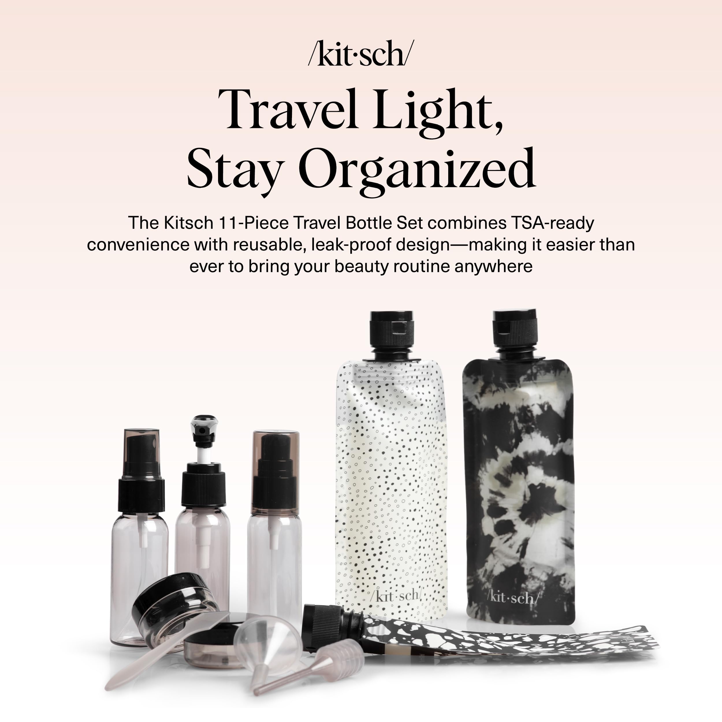 Kitsch 11-piece travel bottles 30ml pump bottles, secure and leak-free during flights.