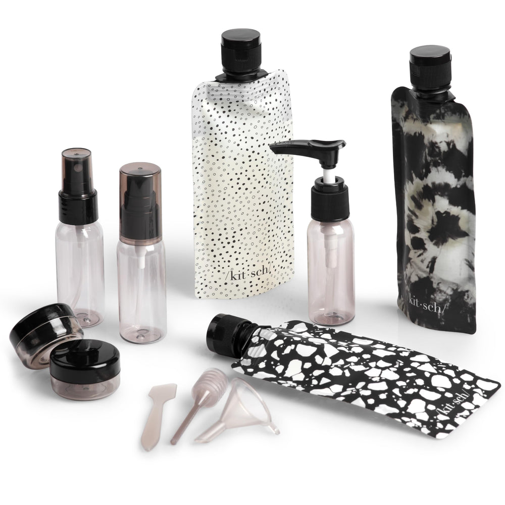 Kitsch 11-piece travel bottle spray 30ml in black and ivory, TSA-friendly and leak-proof for on-the-go fragrance.