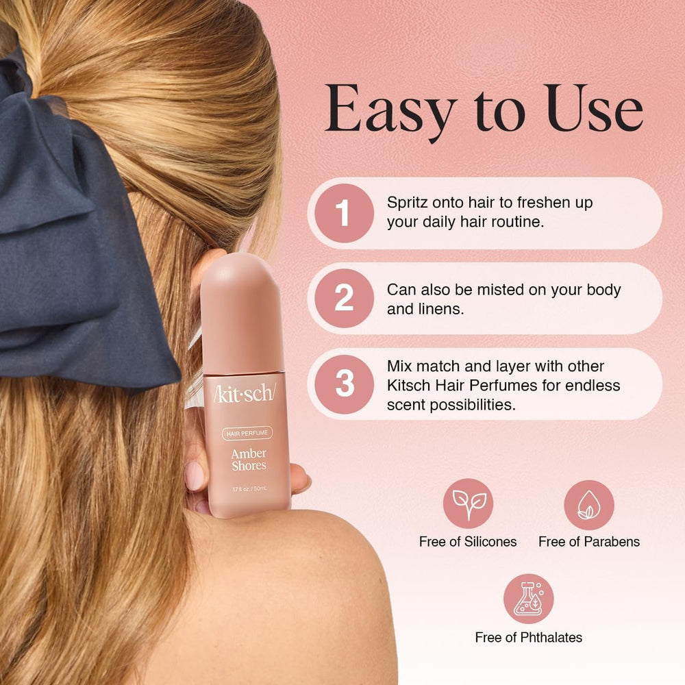 Kitsch Amber Shores mist on a satin pillowcase extends fresh scent.
