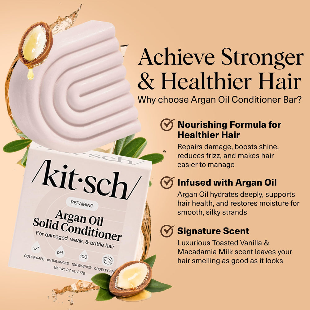 Kitsch Argan Oil Conditioner Bar open reveals creamy texture ideal for nourishing hair.