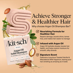 Kitsch Argan Oil Shampoo Bar droplets emphasize nourishing argan oil for hair.