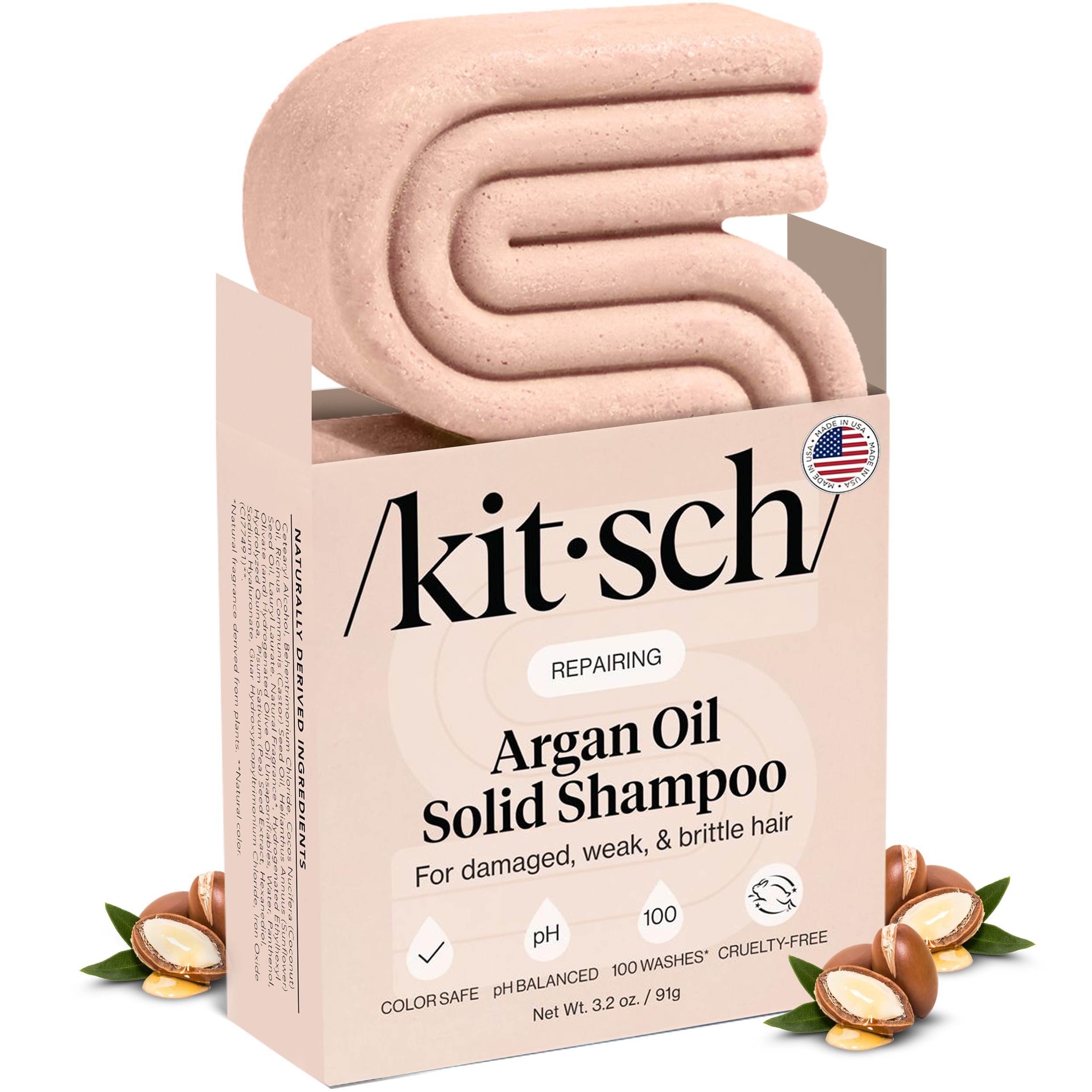 Kitsch Argan Oil Shampoo Bar packaging highlights eco-friendly, travel-ready design.