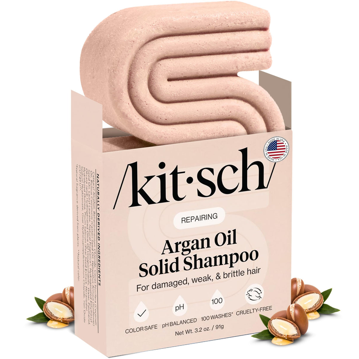 Kitsch Argan Oil Shampoo Bar packaging highlights eco-friendly, travel-ready design.