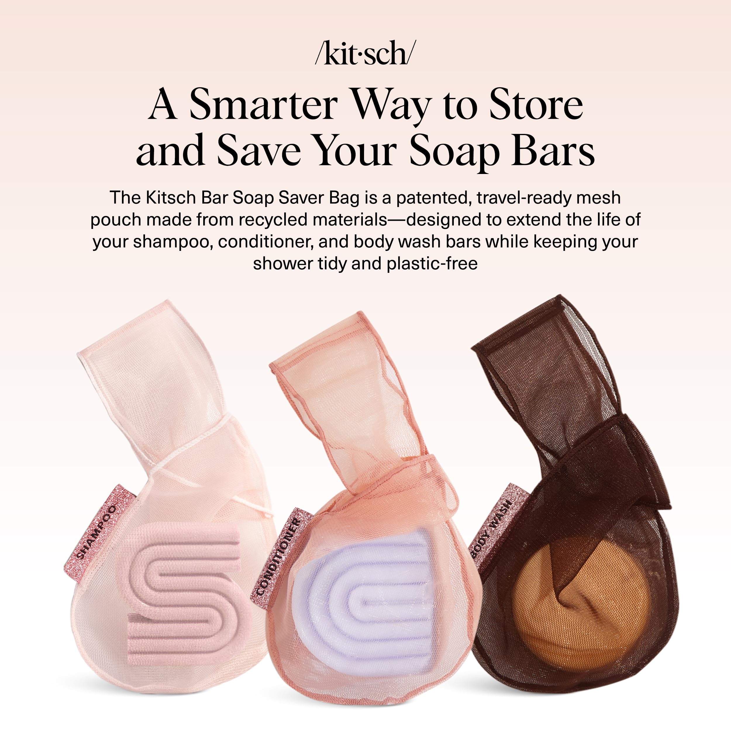 Kitsch Bar Soap Saver Bag labeled-pouches maintains separate bars in shower