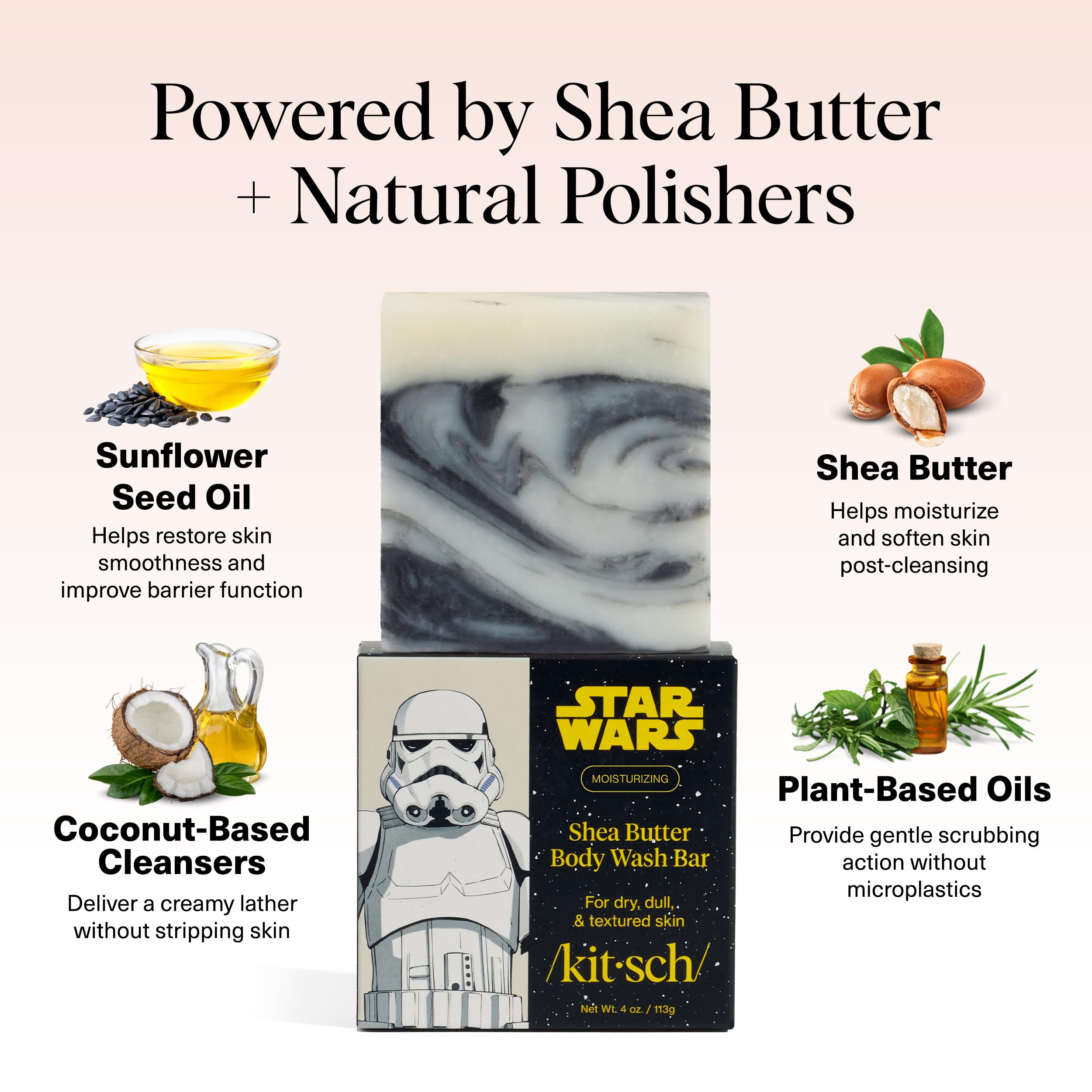 Kitsch barra exfoliante con diseño Stormtrooper, ayuda a refinar la textura de la piel.
