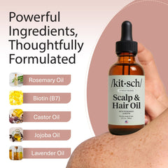 Kitsch biotin-rosemary-hair-oil emphasizes nourishing scalp care and versatile use.