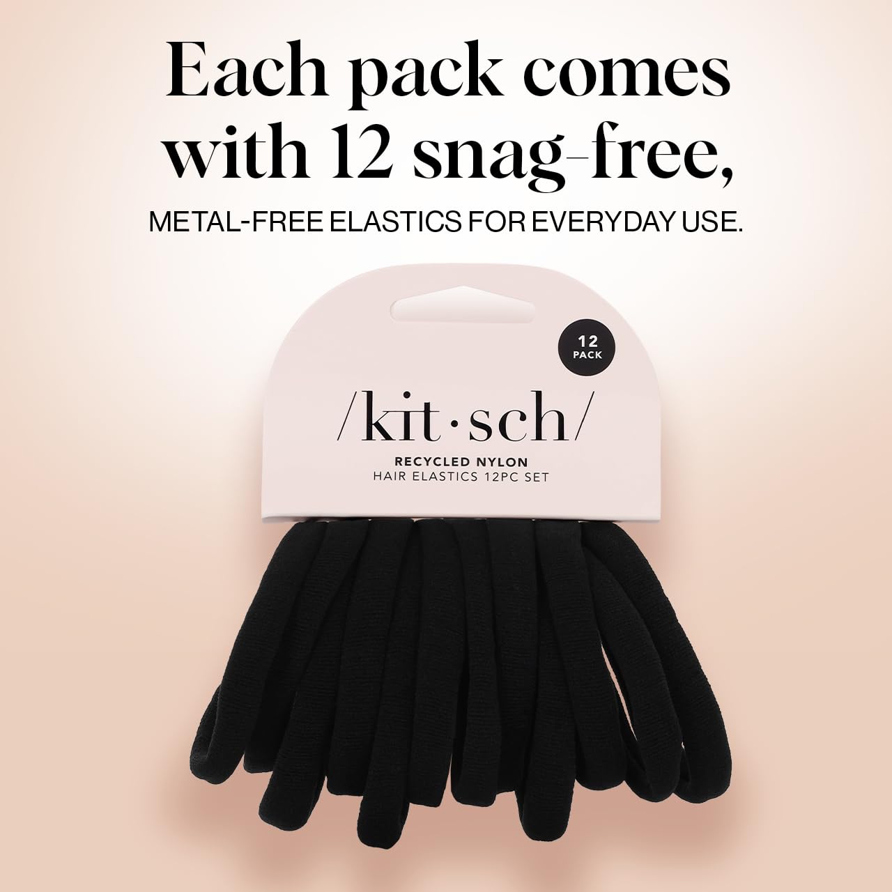Kitsch black hair ties displayed in a compact pack for on-the-go use.