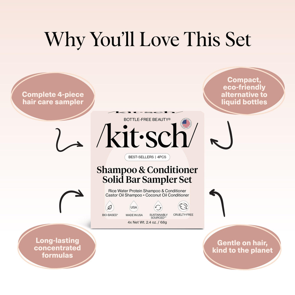 Kitsch bottle-free hair care communicates eco-friendly benefits and reduced bathroom waste.