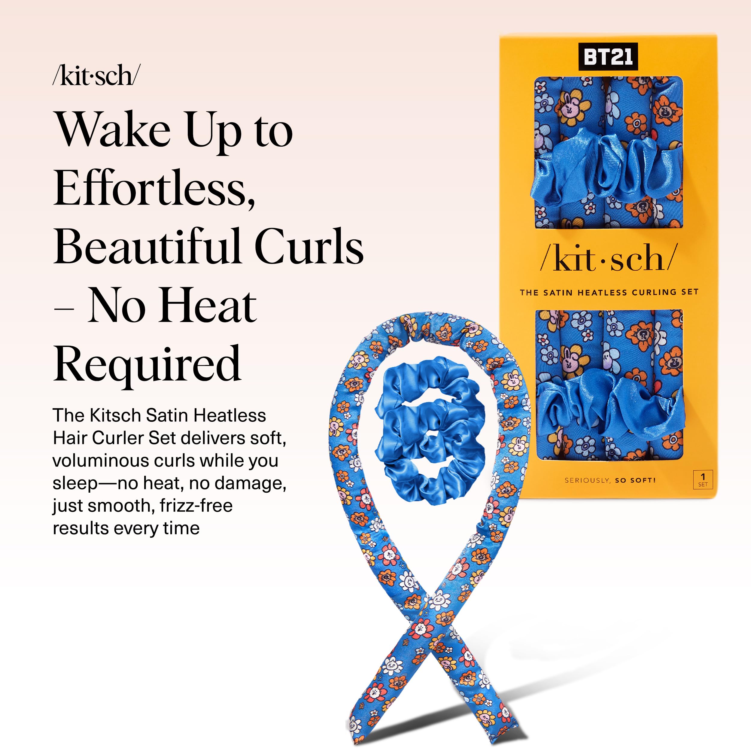 Kitsch BT21 satin headband close-up highlights gentle, heat-free curling in a satin wrap.