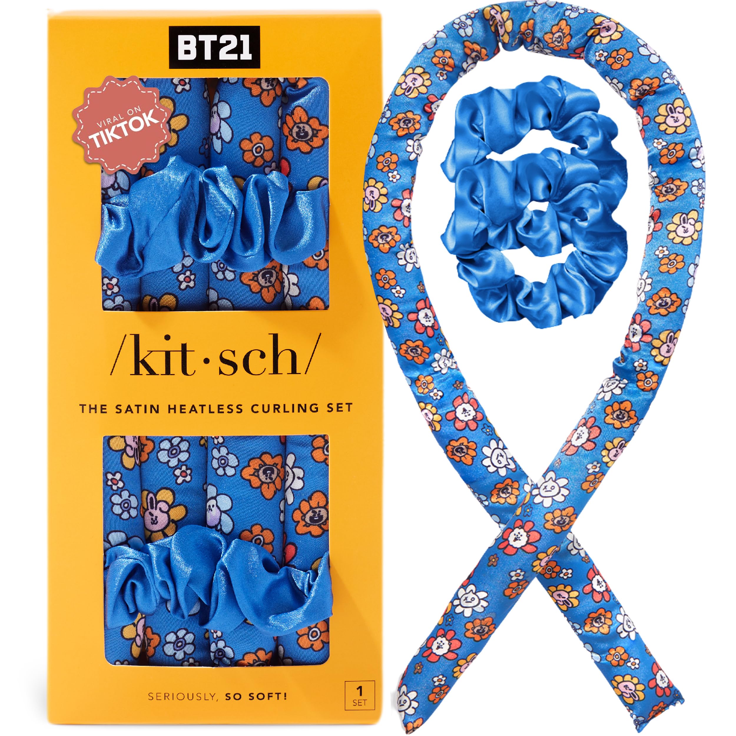 Kitsch BT21 satin heatless curler set packaging shows overnight styling option.