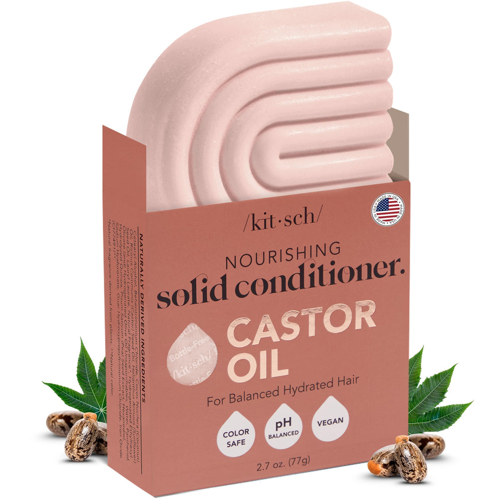 Kitsch castor oil conditioner bar packaging highlights eco-friendly, travel-ready design.
