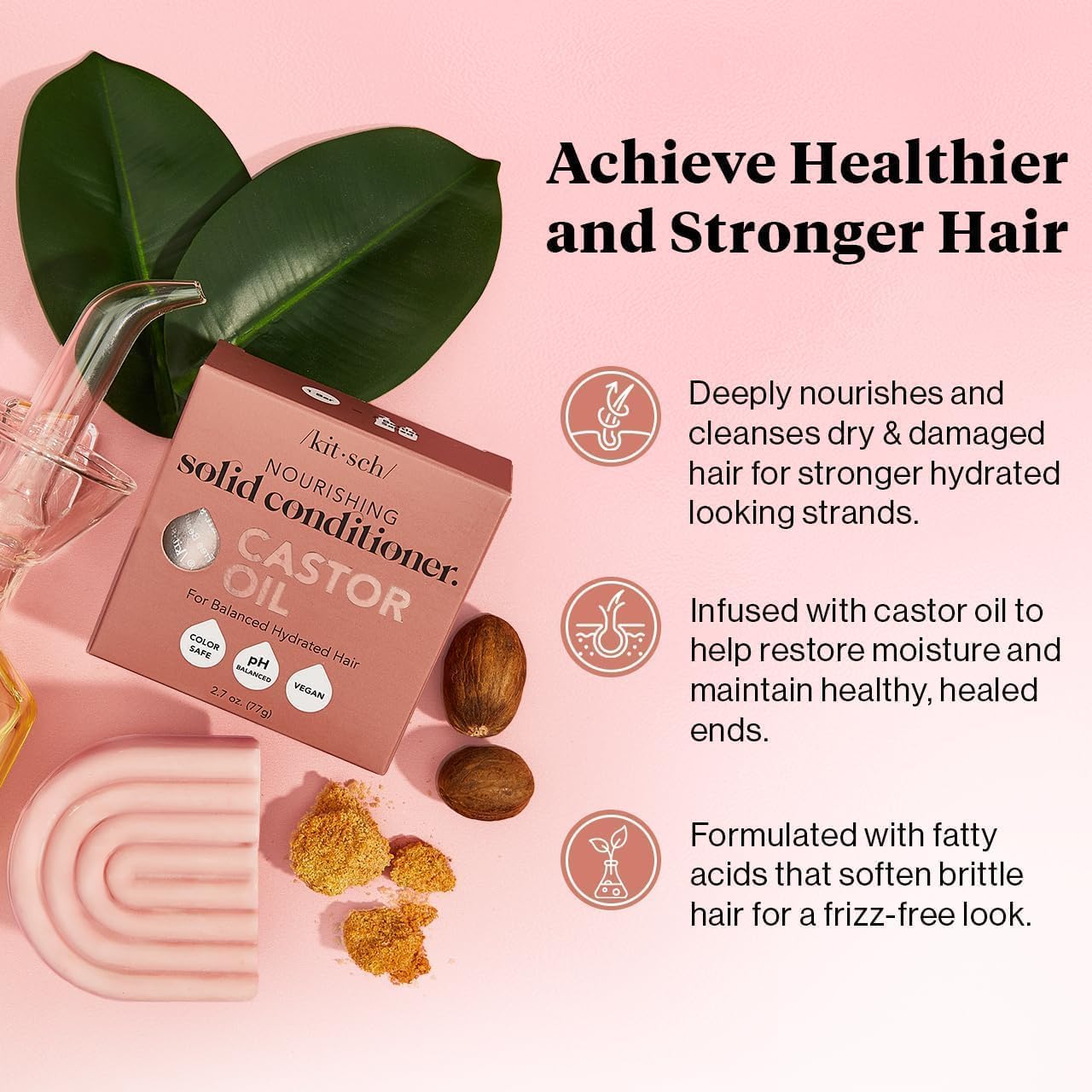 Kitsch castor oil conditioner bar solid-form image showcases compact, mess-free packaging.