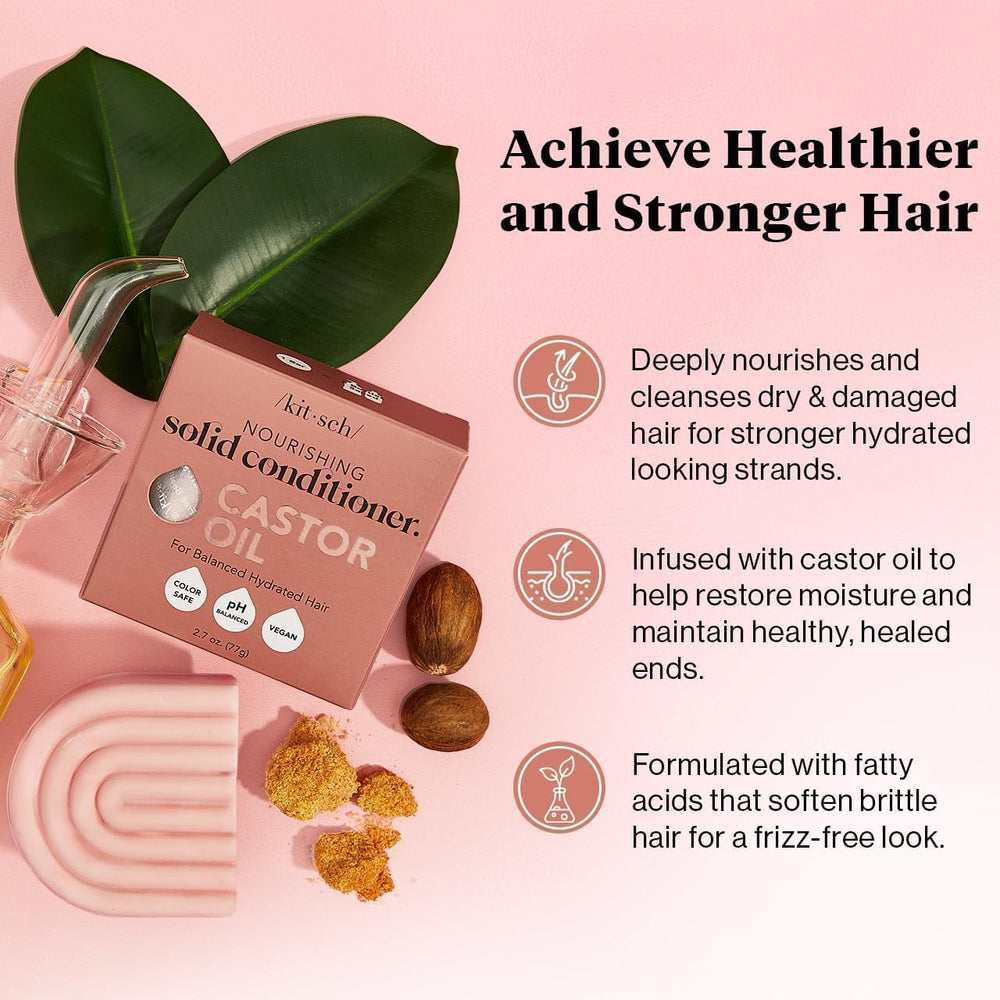 Kitsch castor oil conditioner bar solid-form image showcases compact, mess-free packaging.