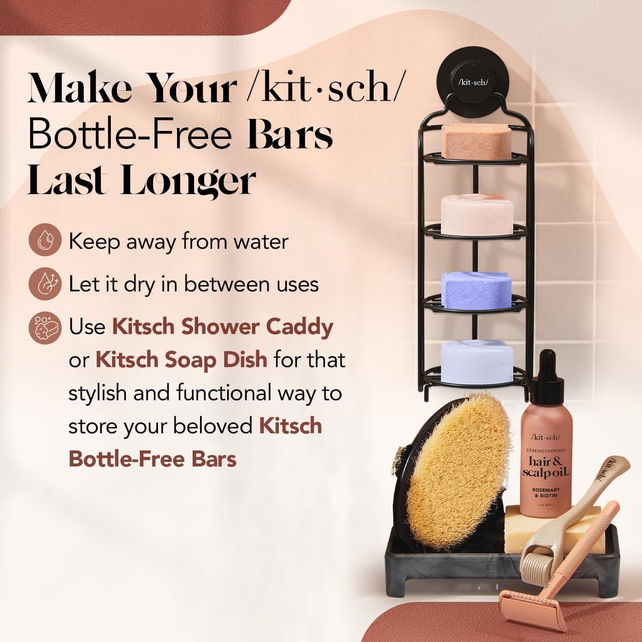 Kitsch castor oil conditioner bar travel-friendly packaging reduces plastic waste.
