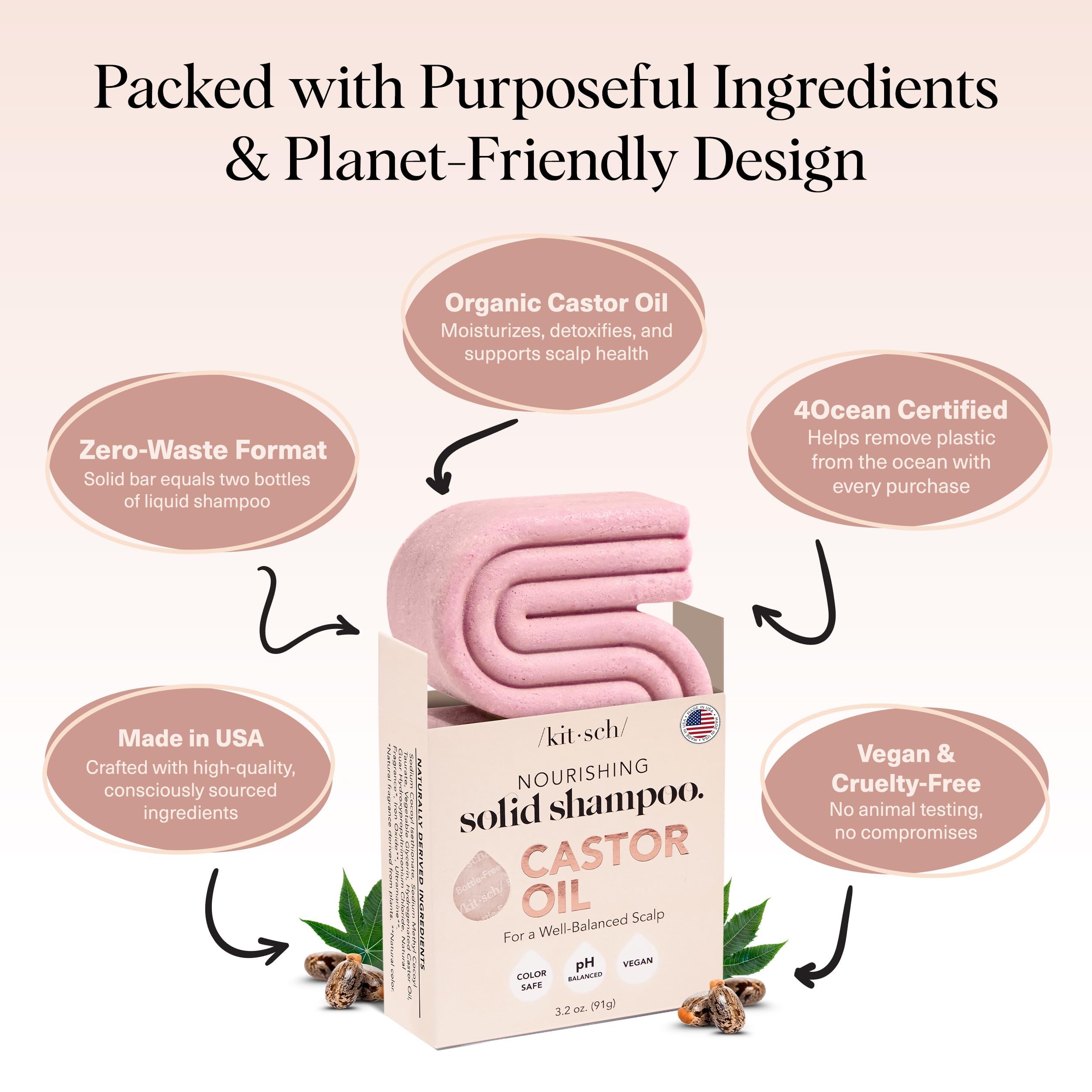 Kitsch Castor Oil Shampoo Bar with organic castor oil label for scalp nourishment