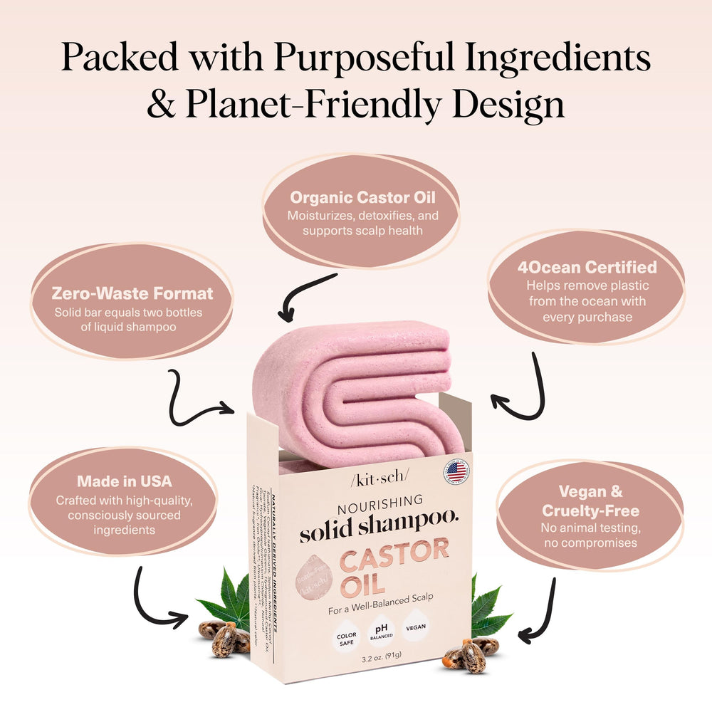 Kitsch Castor Oil Shampoo Bar with organic castor oil label for scalp nourishment