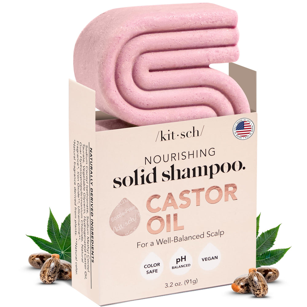Kitsch Castor Oil Shampoo Bar packaging highlighting eco-friendly, USA-made design