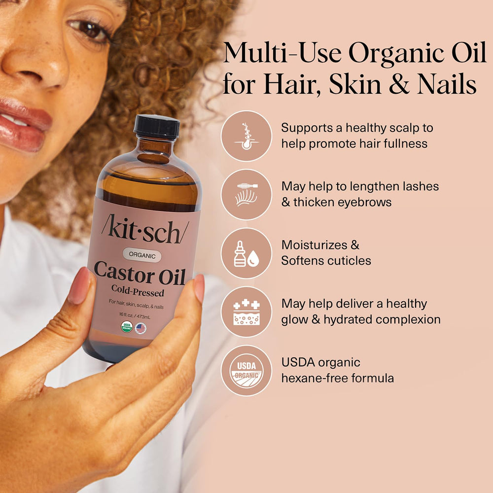 Kitsch Castor Oil on eyelashes, conditioning for fuller-looking lashes