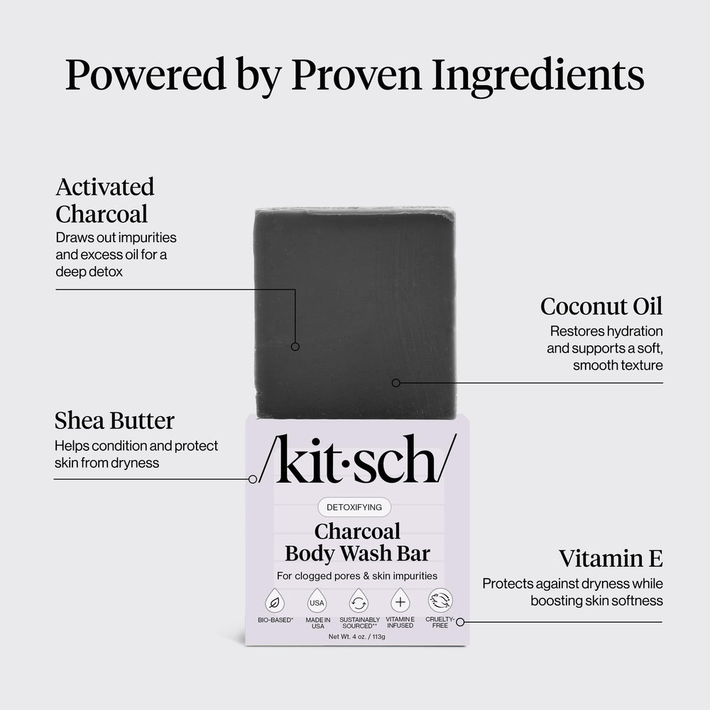 Kitsch charcoal soap bar botanicals detail suggests nourishing ingredients with charcoal detoxing.