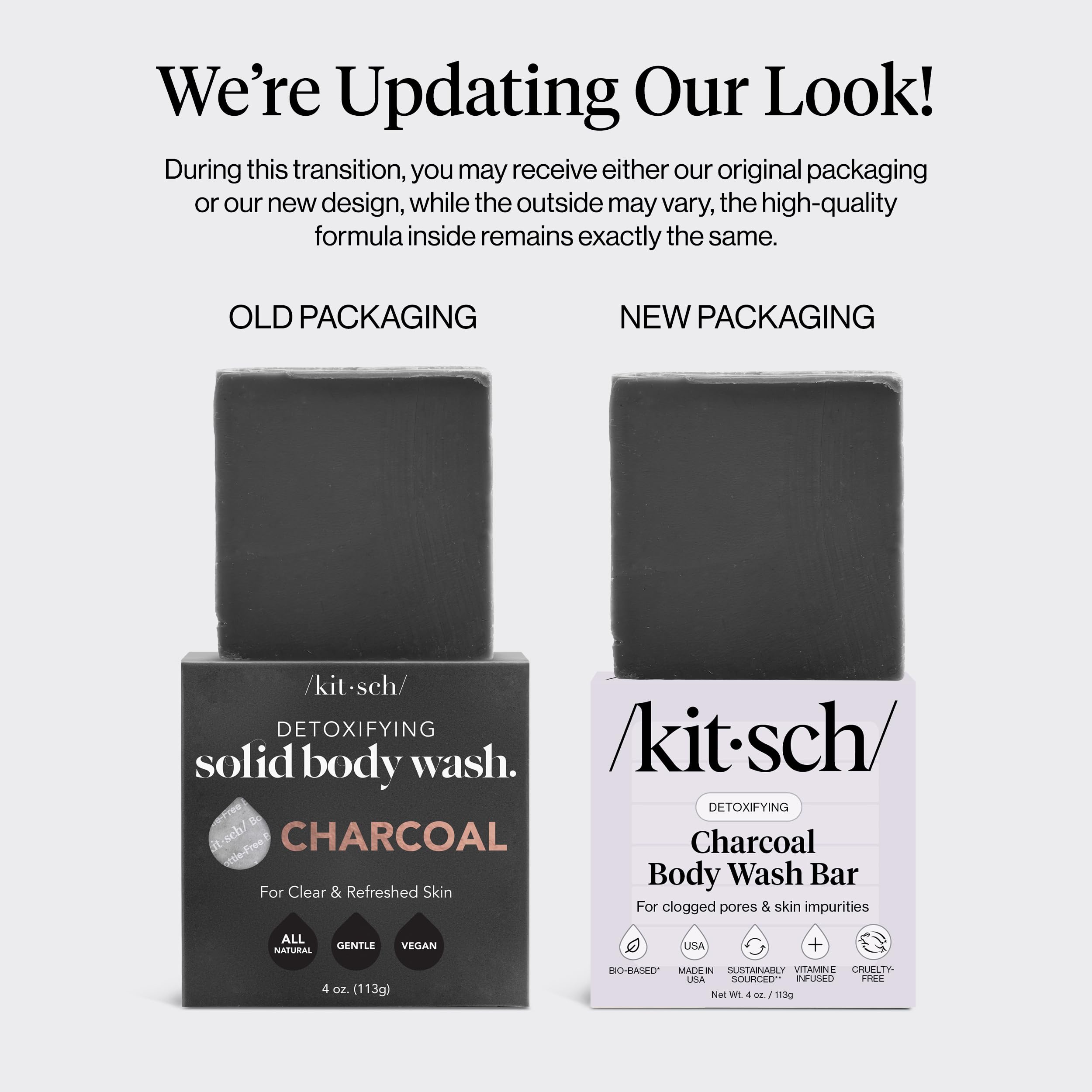 Kitsch charcoal soap bar closeup reveals activated charcoal texture for deep cleansing.