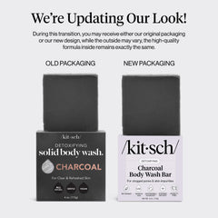 Kitsch charcoal soap bar closeup reveals activated charcoal texture for deep cleansing.