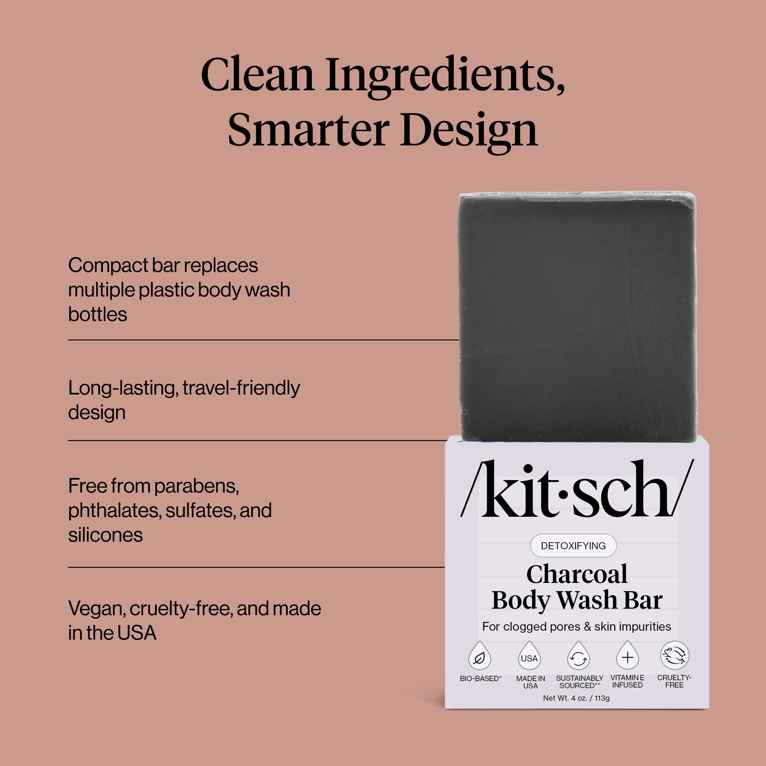 Kitsch charcoal soap bar eco-friendly packaging reinforces sustainable daily care.