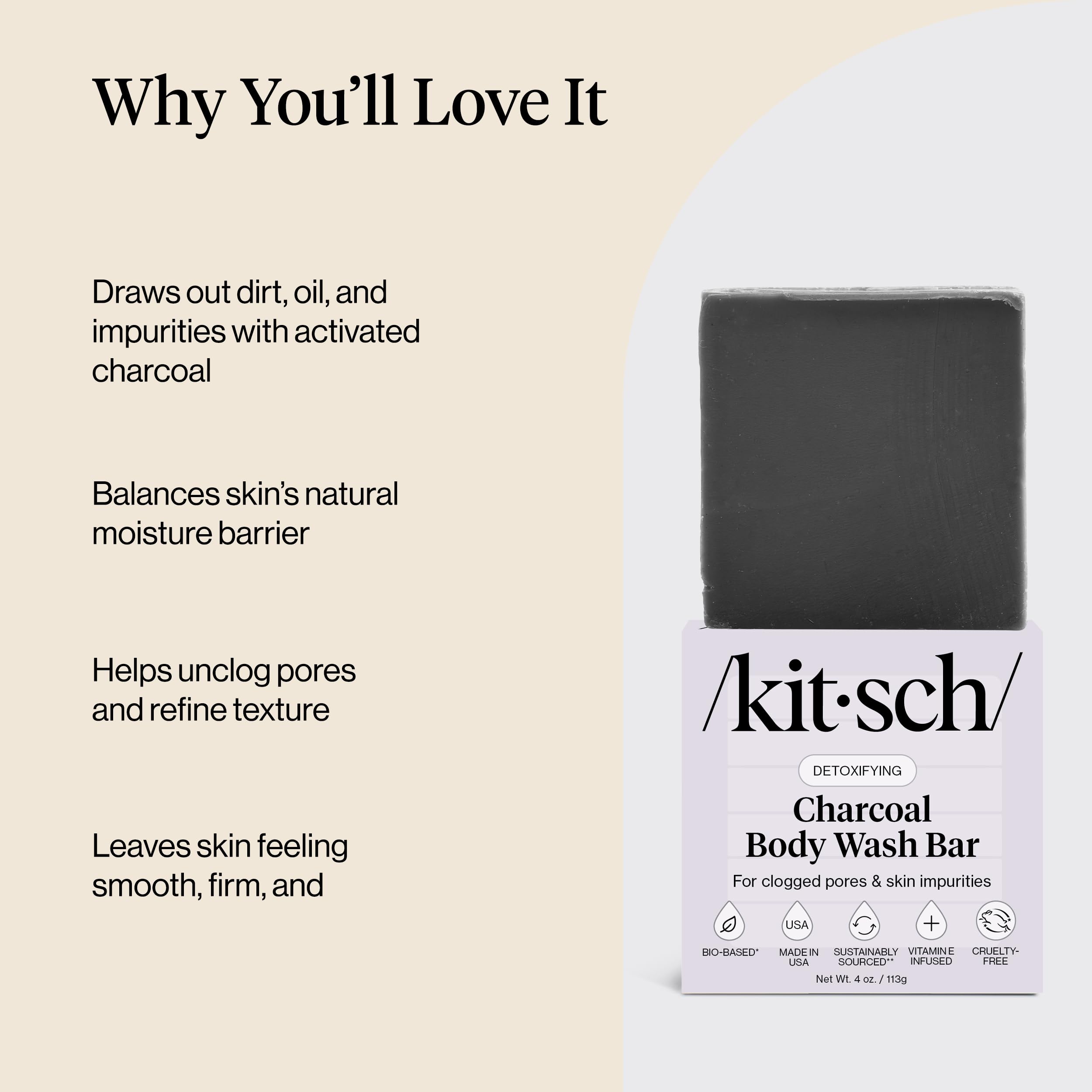 Kitsch charcoal soap bar lather foams for a rich, gentle cleanse.