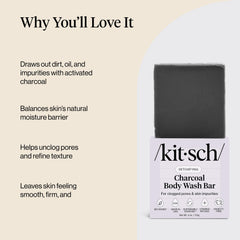 Kitsch charcoal soap bar lather foams for a rich, gentle cleanse.
