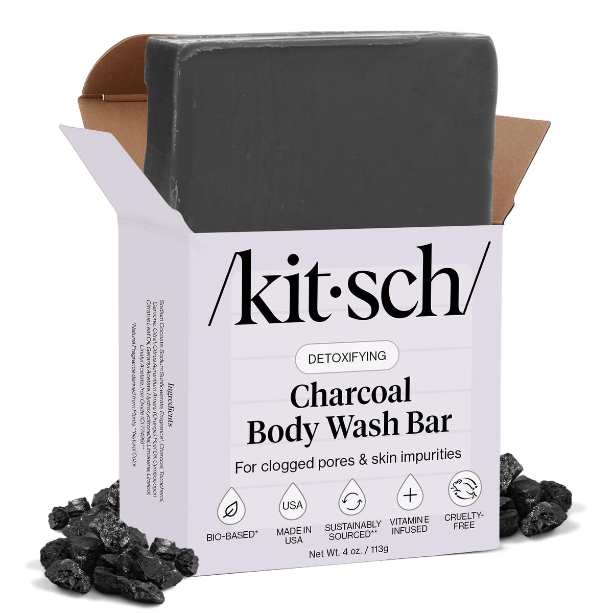 Kitsch charcoal soap bar packaging highlights sustainable design for everyday cleansing.