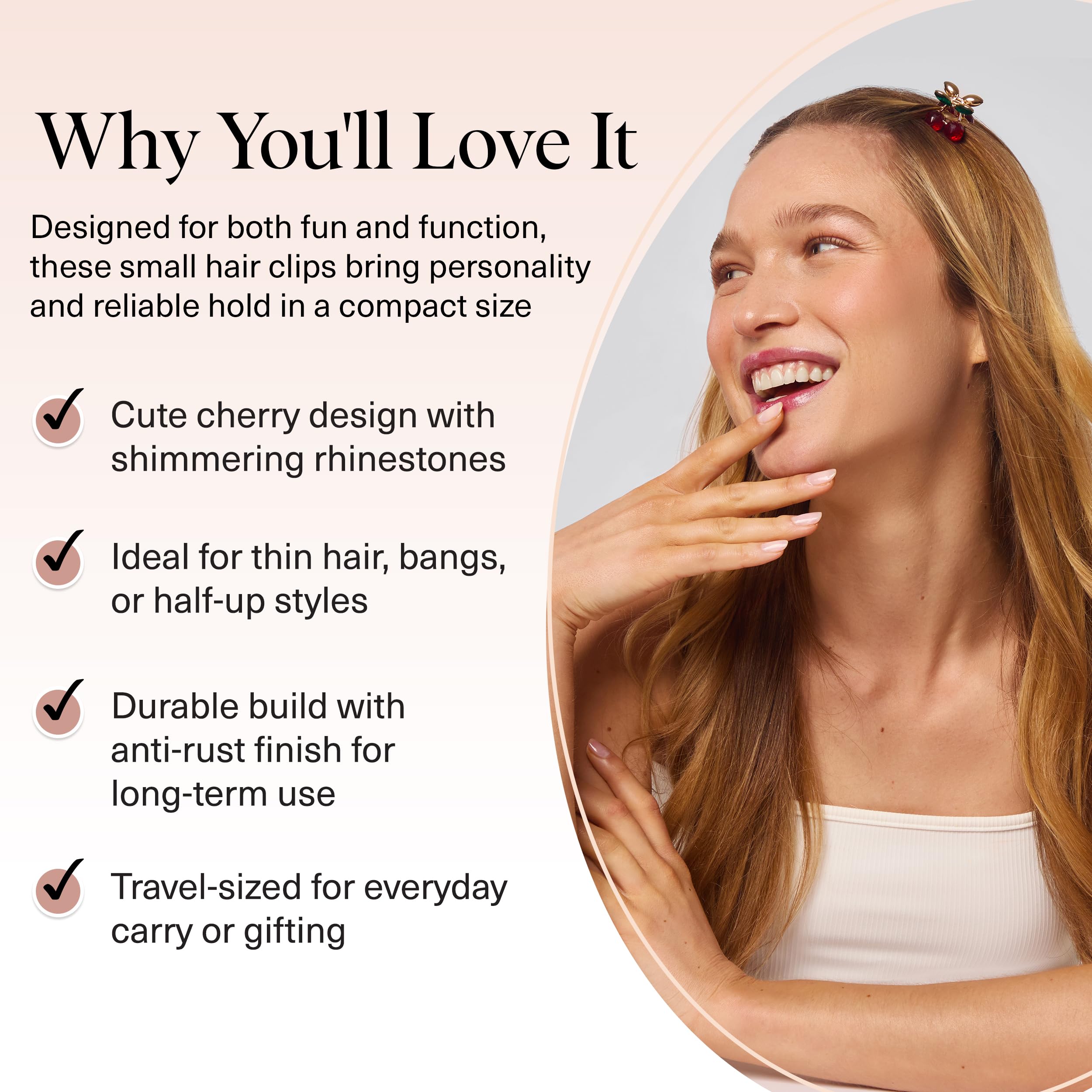 Kitsch Cherry clip features anti-rust finish for durable daily wear.