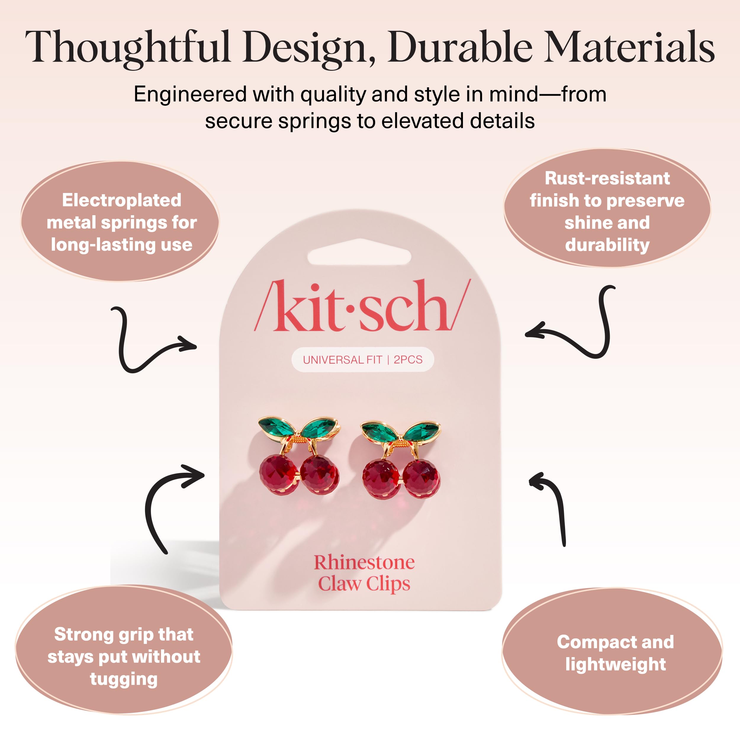 Kitsch Cherry small claw clip provides strong hold without bulky feel.