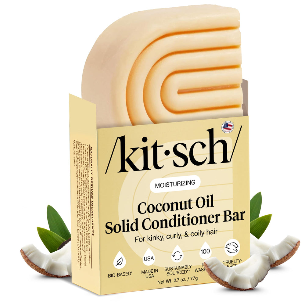 Kitsch coconut oil conditioner bar on dry hair scene showing deep moisture and shine.