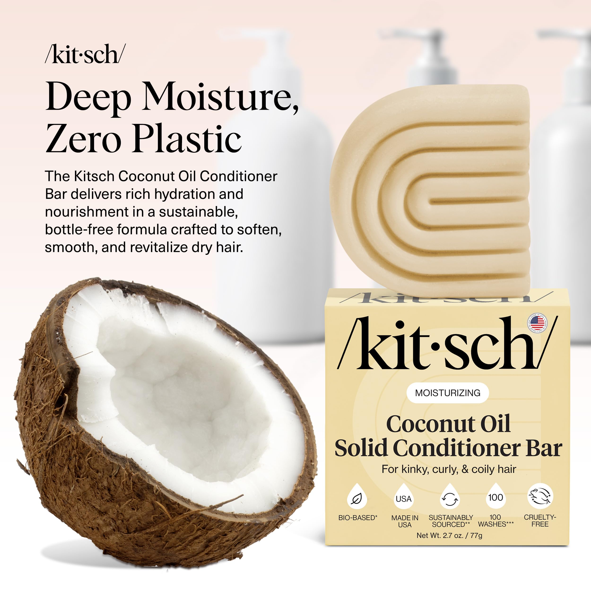 Kitsch conditioner bar being applied to hair for softening and manageability.