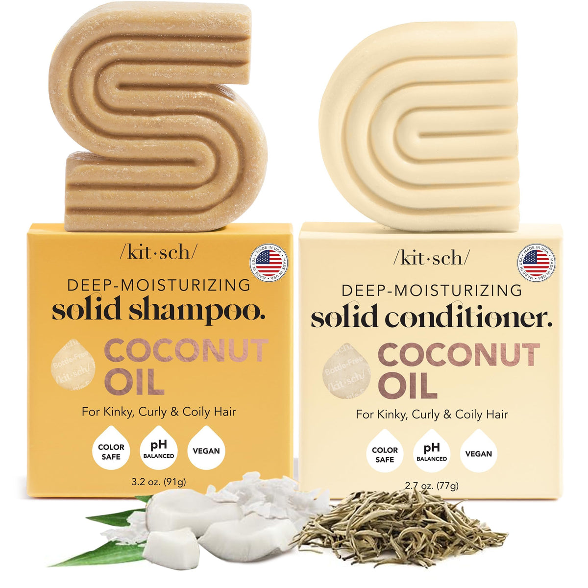 Kitsch coconut oil shampoo bar packaging showcases eco-friendly design for sustainable haircare.