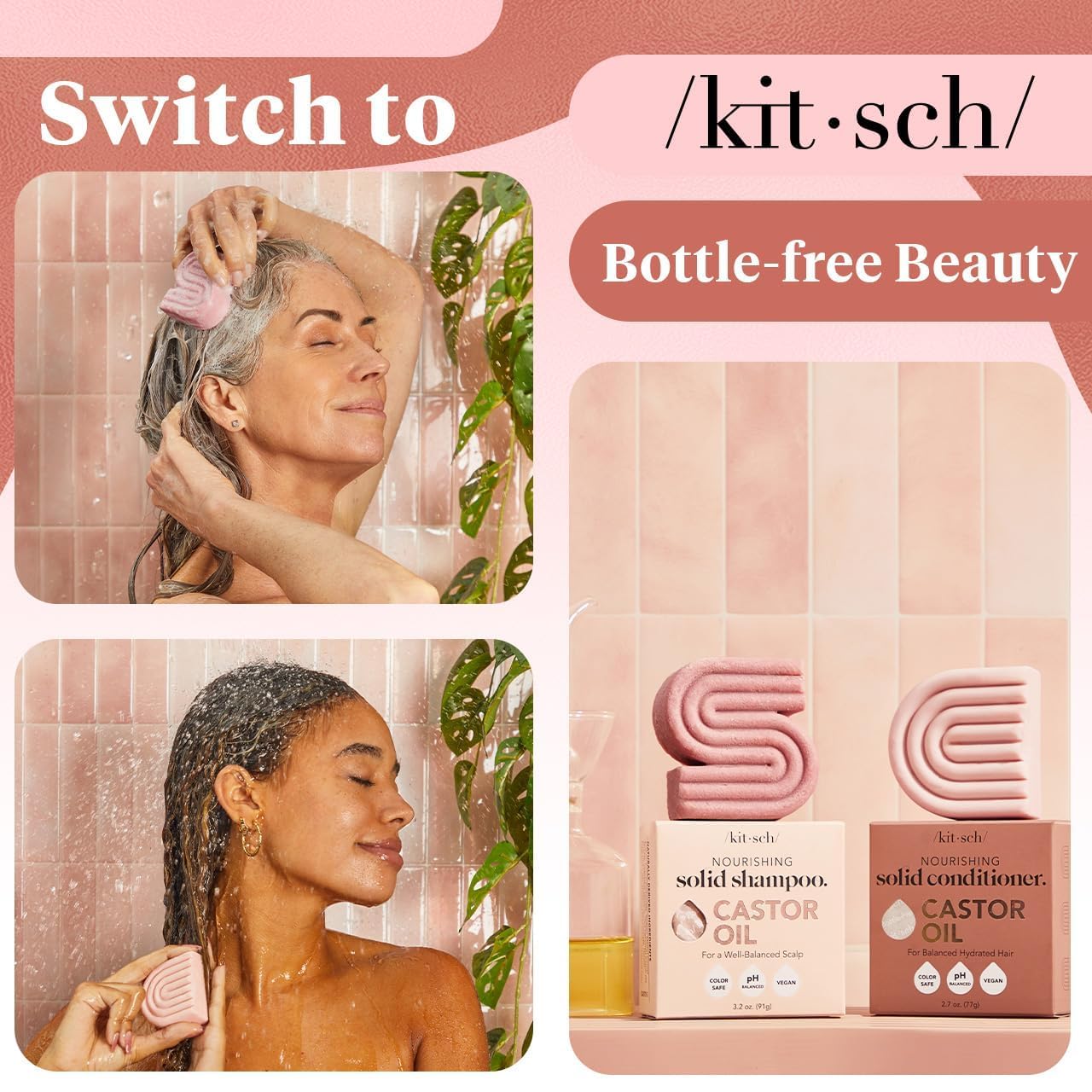Kitsch plastic-free packaging highlights sustainable hair care.