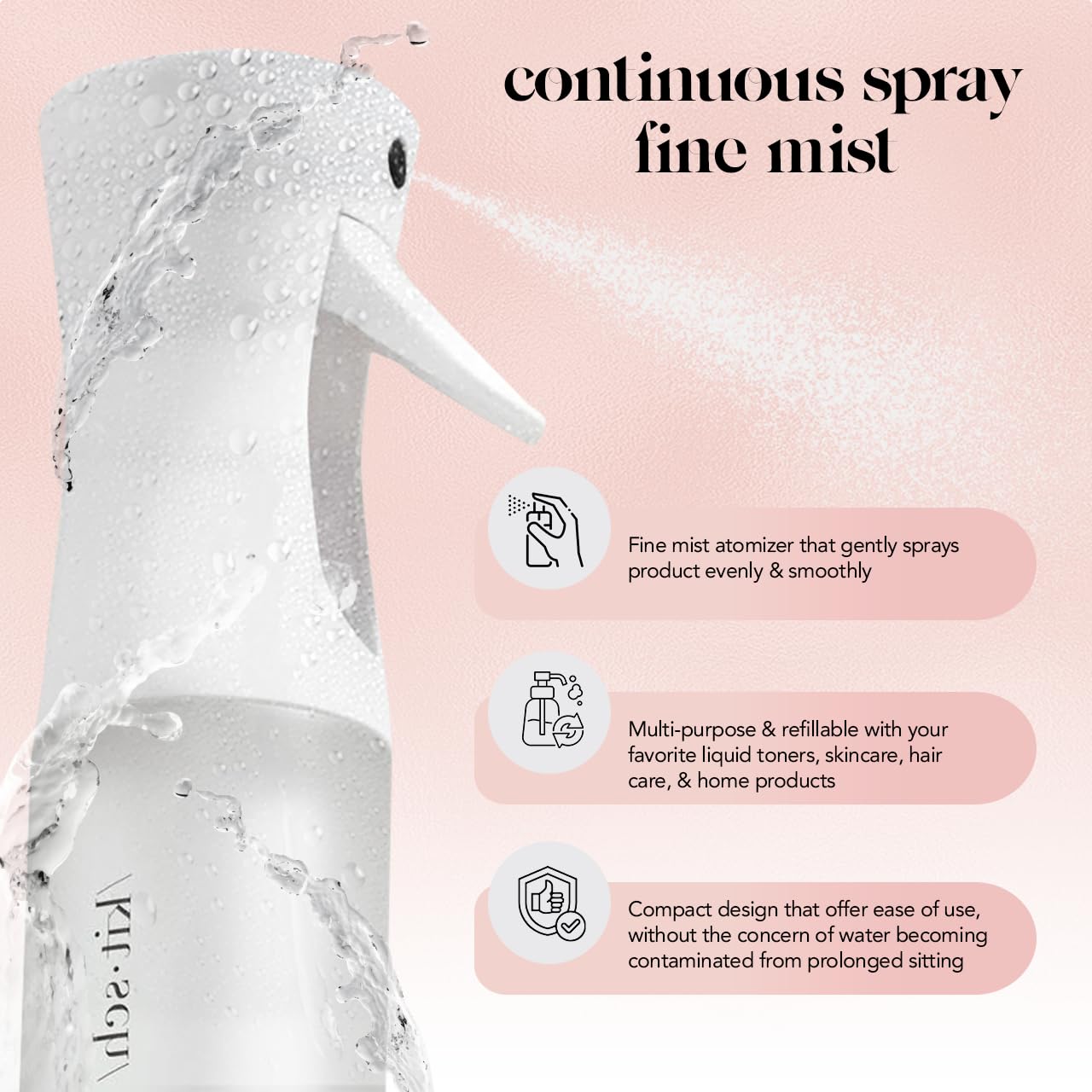 Kitsch bottle with ergonomic trigger reduces hand fatigue during long styling sessions