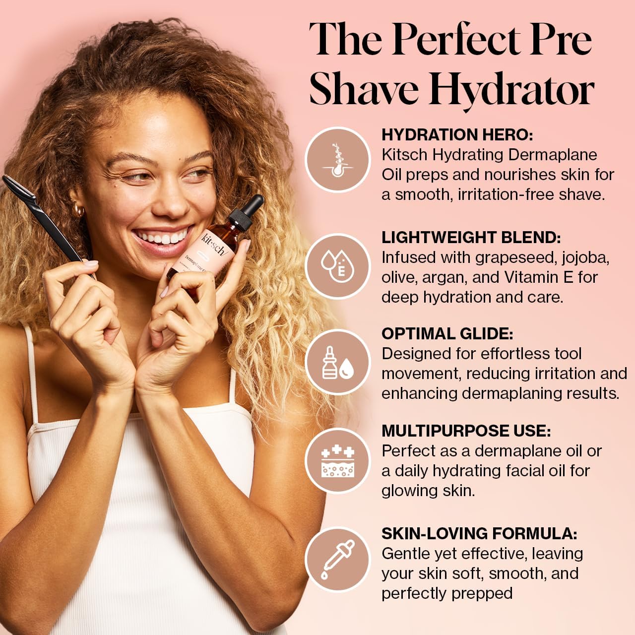 Kitsch Dermaplane oil application on skin for glide during gua sha routine.