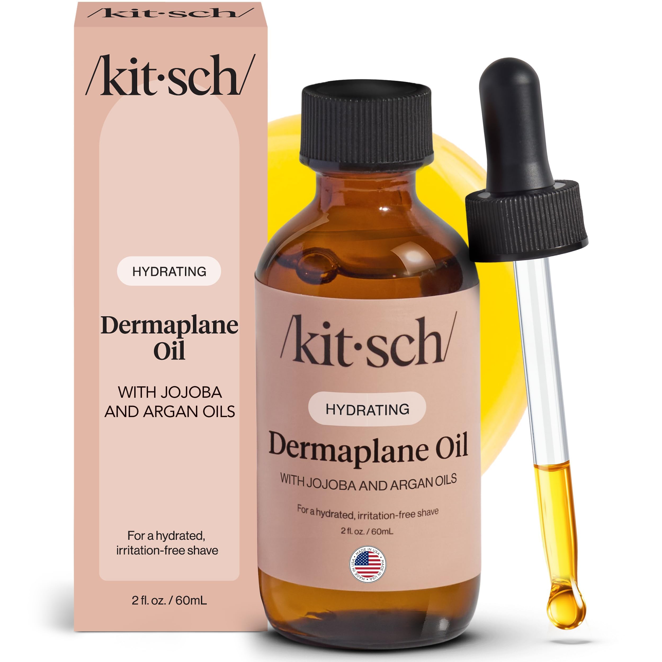 Kitsch Dermaplane oil bottle close-up highlighting lightweight hydration for smooth dermaplaning.