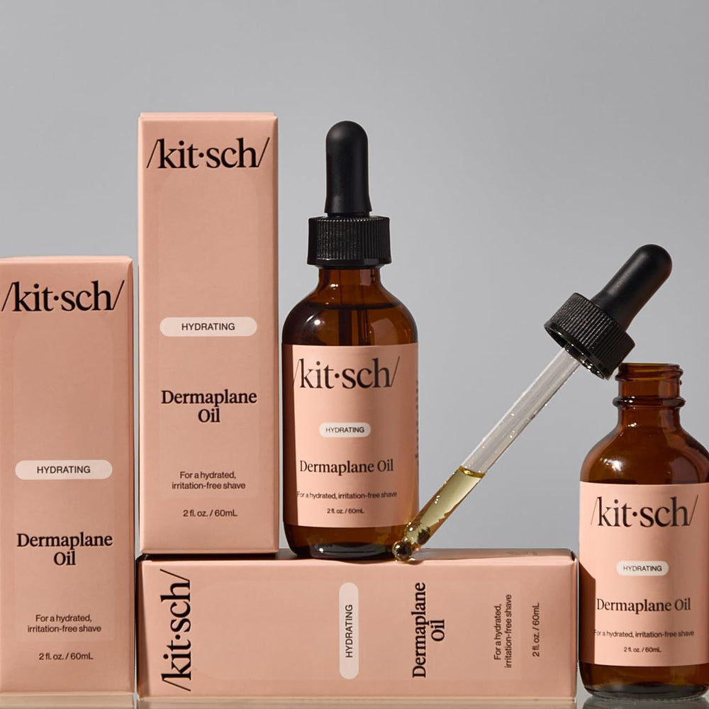 Kitsch Dermaplane oil packaging and label highlighting versatile use.