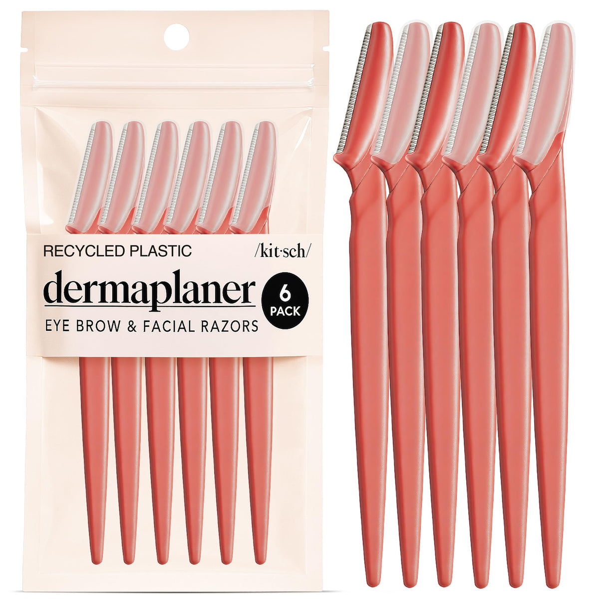 Kitsch Dermaplane Razor packaging in coral highlights eco-friendly, travel-ready skincare set.