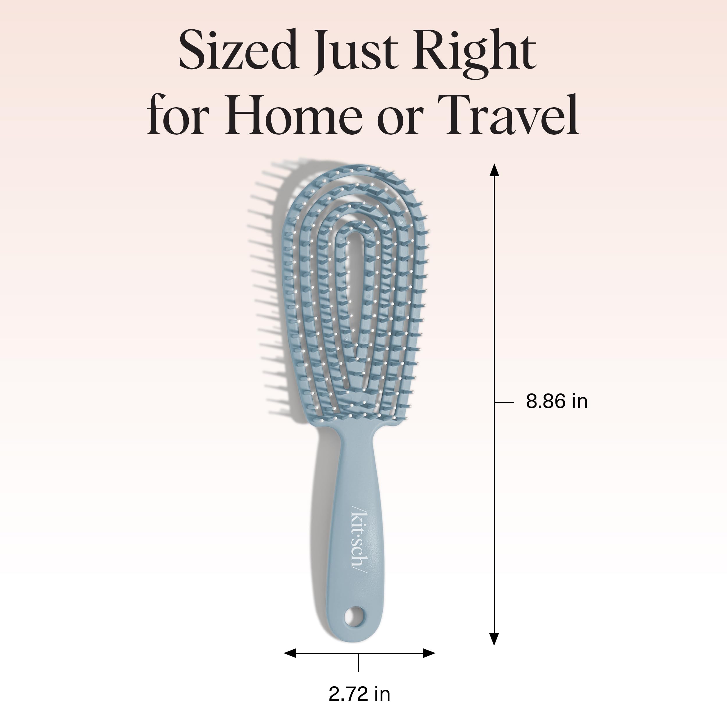 Kitsch Detangler Brush with shiny-smooth-finish reduces friction for frizz control.