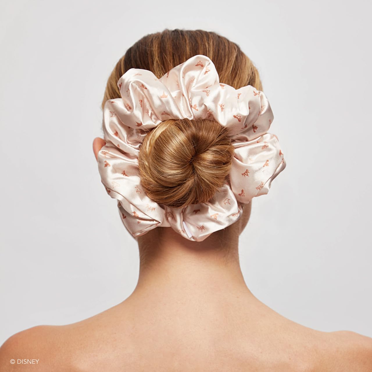 Kitsch Disney satin scrunchies brand closeup; satin shine highlights premium fabric.