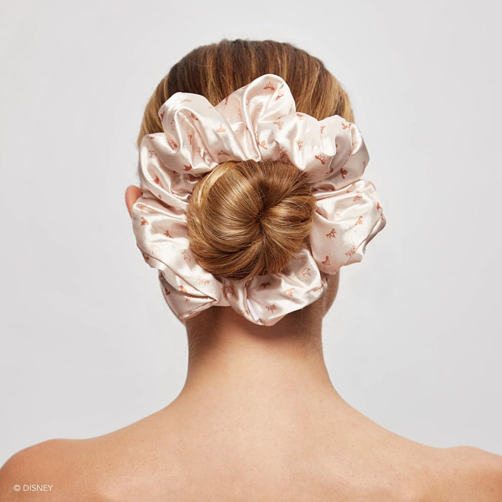 Kitsch Disney satin scrunchies brand closeup; satin shine highlights premium fabric.