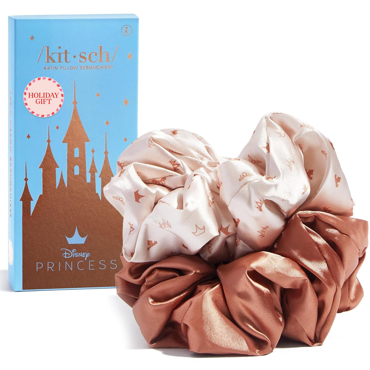 Kitsch Disney satin scrunchies desert crown bronze; crease-free hold for daily wear.