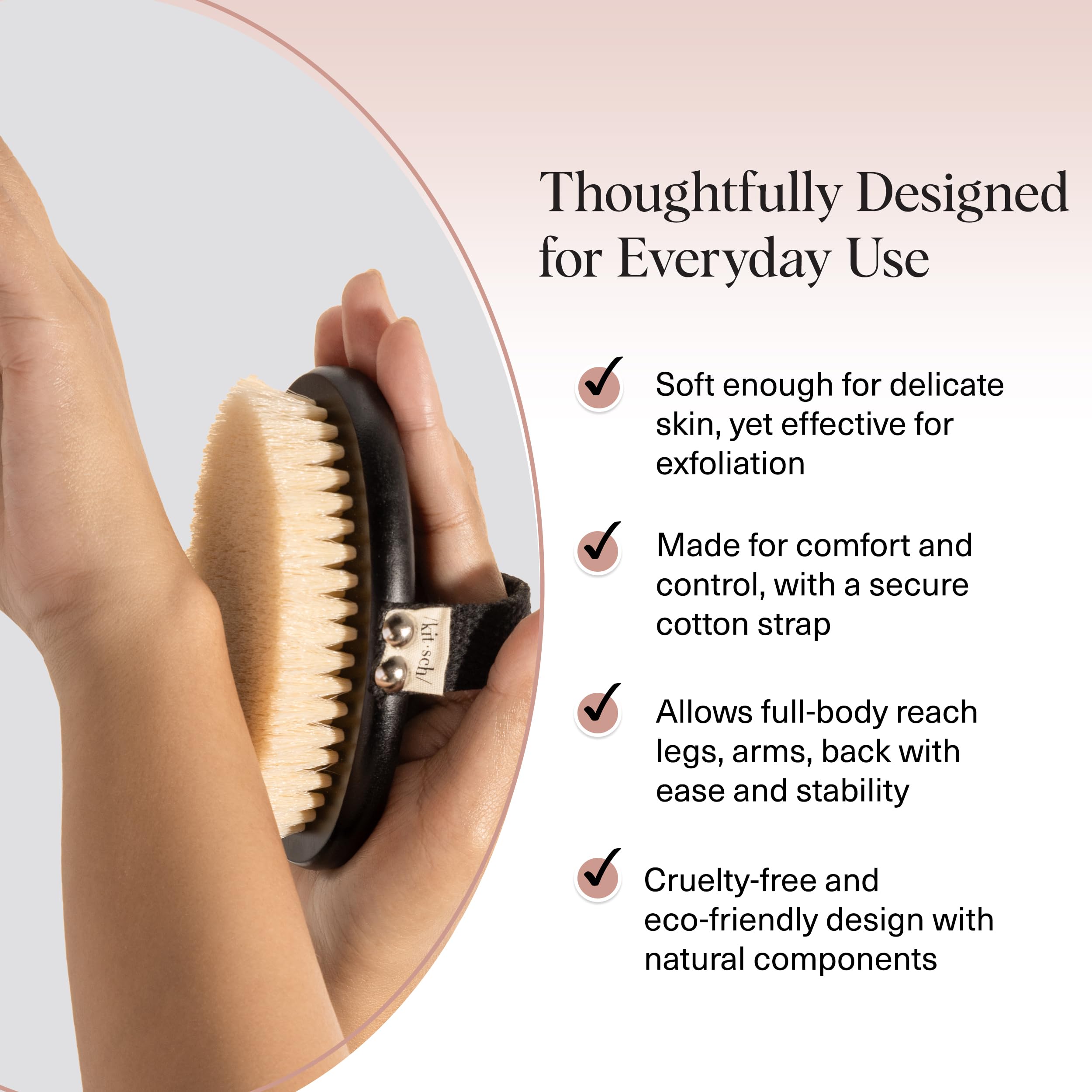 Kitsch dry brush glow skin closeup demonstrates smoother texture from exfoliation.