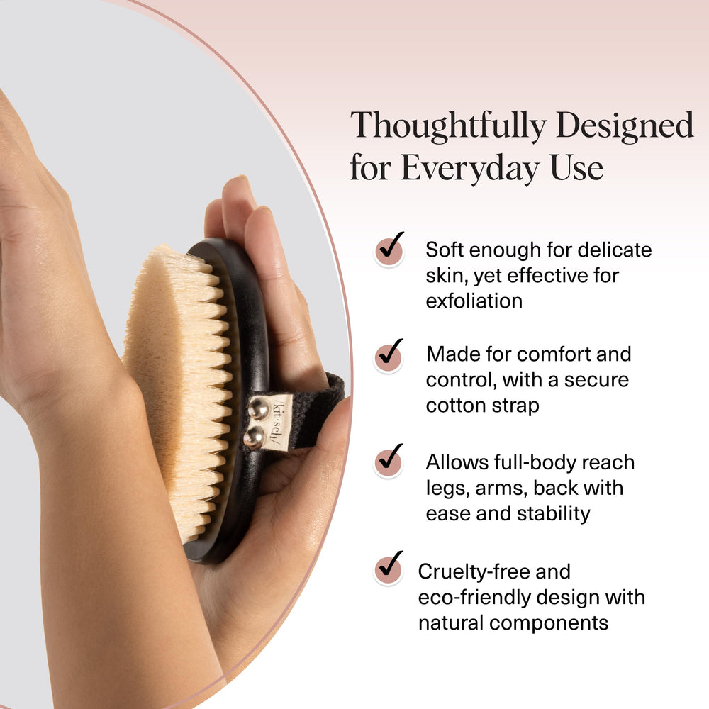 Kitsch dry brush glow skin closeup demonstrates smoother texture from exfoliation.
