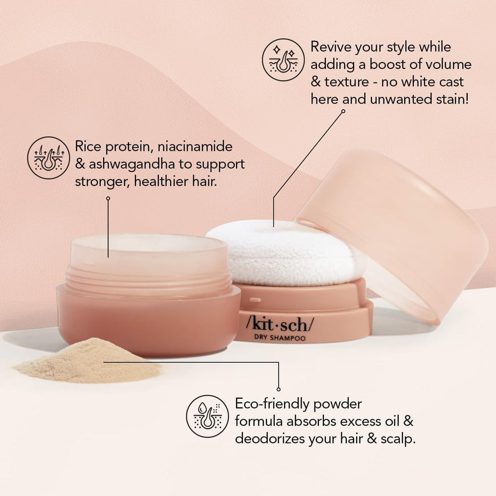 Kitsch Dry Shampoo Powder built-in puff enables mess-free oil absorption and styling lift.