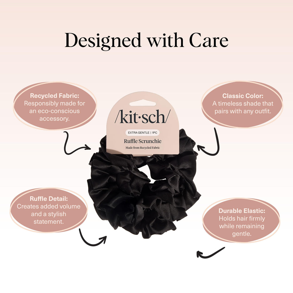 Kitsch eco-friendly satin scrunchie detail emphasizes sustainable fashion choice