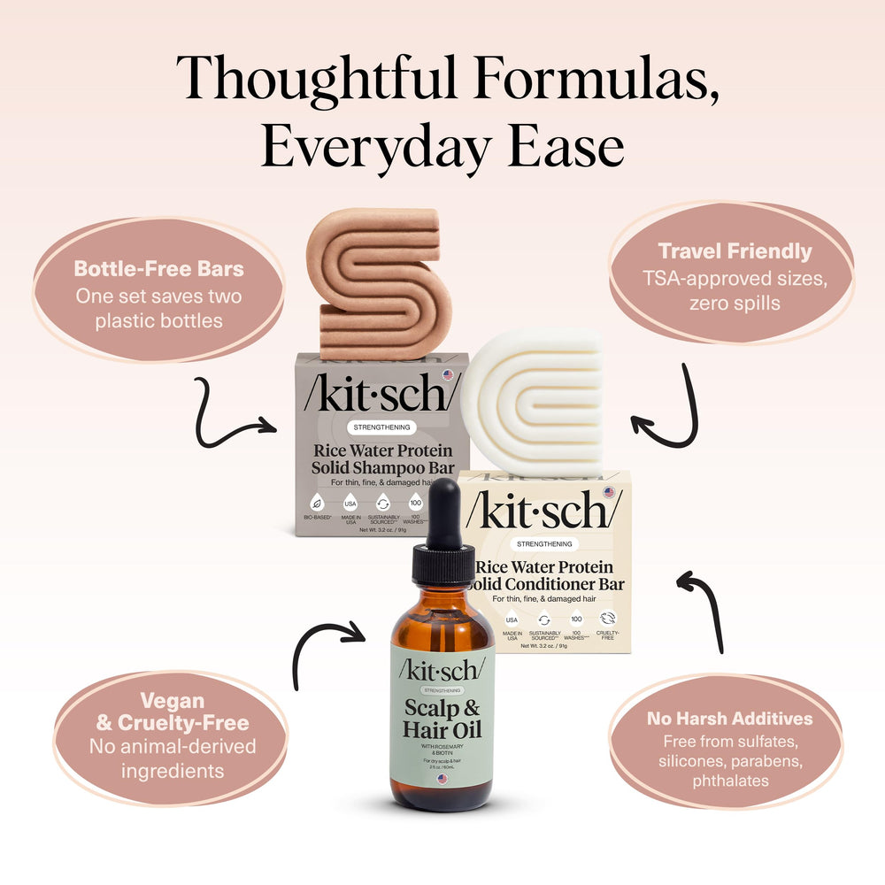Kitsch Eco-friendly solid hair care set on shelf supports sustainable routines.