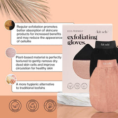 Kitsch full-body coverage glove for reaching legs, back, and feet for thorough exfoliation.